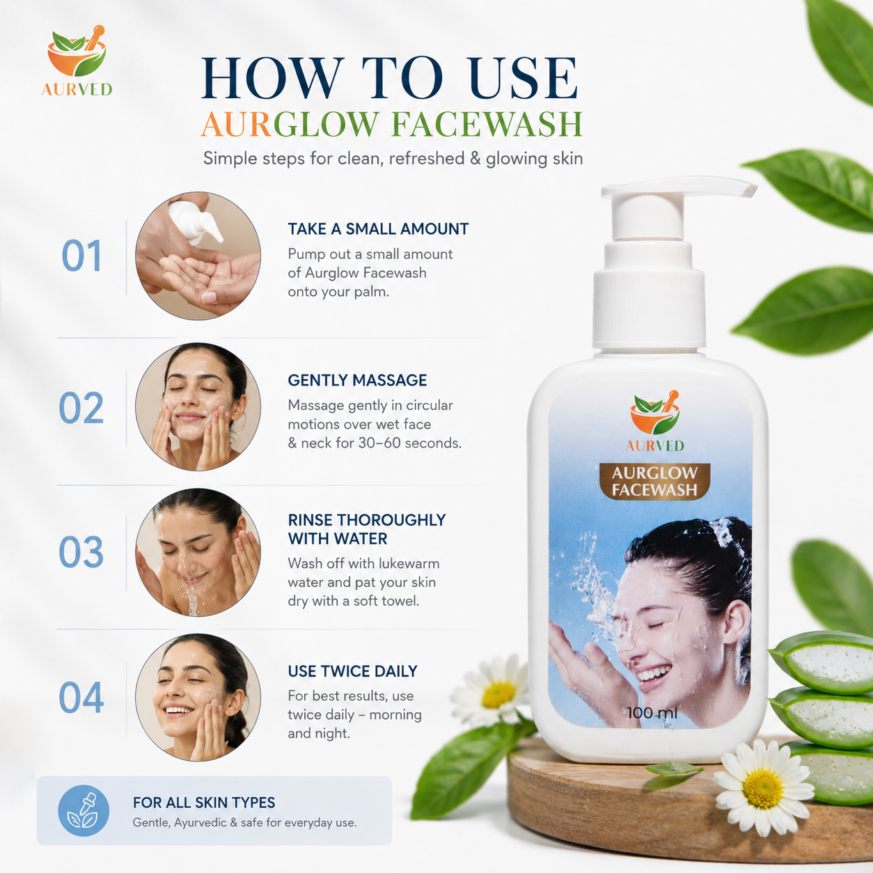 AURVED AurGlow Ayurvedic Face Wash | Deep Cleansing, Brightening & Oil Control | Natural Herbal Formula for Clear & Glowing Skin