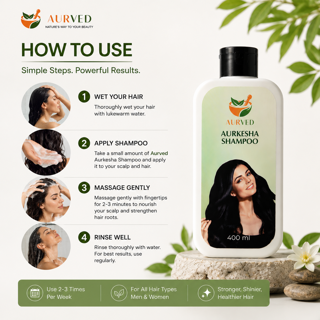 Aurkesha Ayurvedic Shampoo – Herbal Hair Cleanser for Strong, Nourished & Healthy Hair | Reduces Hair Fall | 400ml