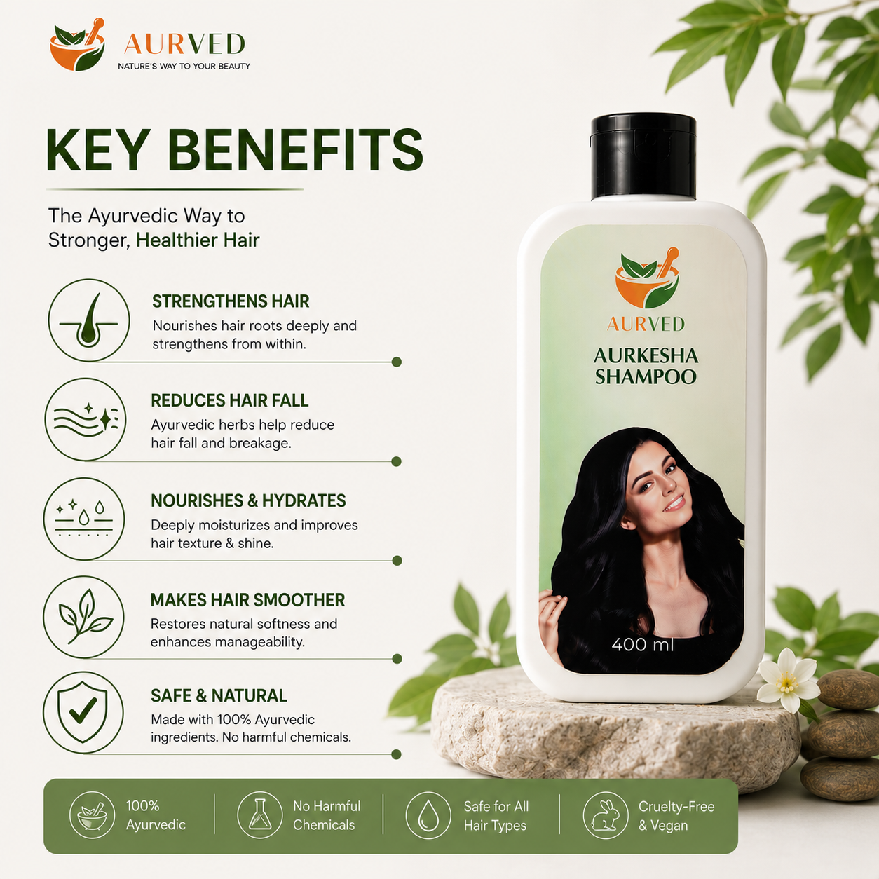 Aurkesha Ayurvedic Shampoo – Herbal Hair Cleanser for Strong, Nourished & Healthy Hair | Reduces Hair Fall | 400ml