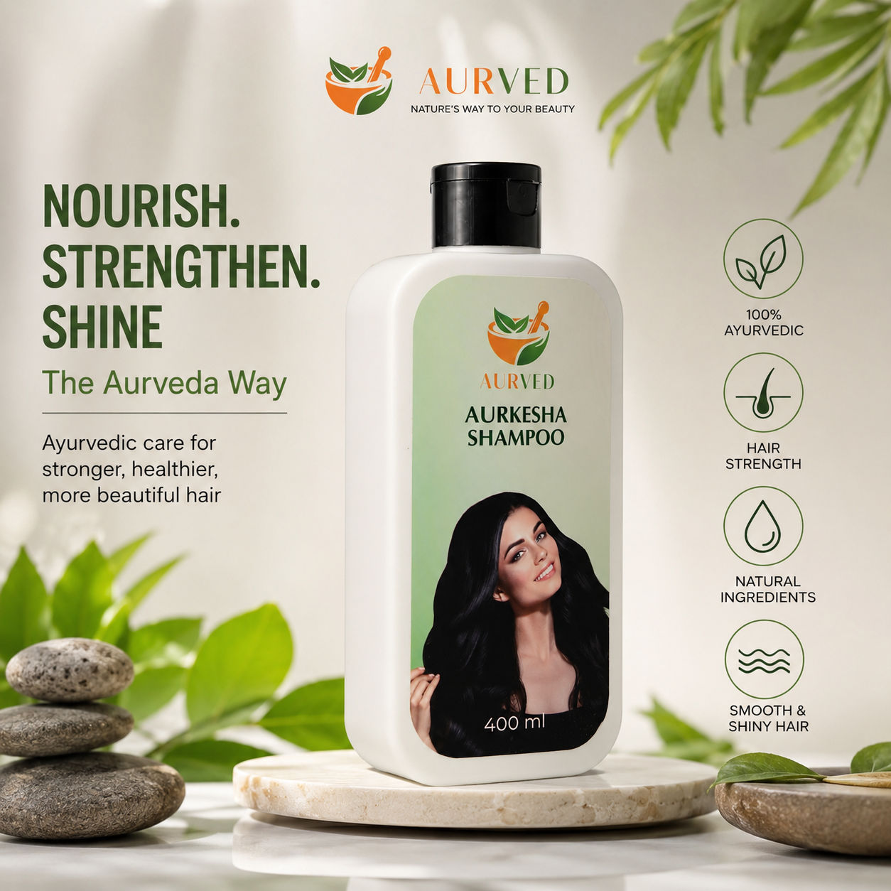 Aurkesha Ayurvedic Shampoo – Herbal Hair Cleanser for Strong, Nourished & Healthy Hair | Reduces Hair Fall | 400ml