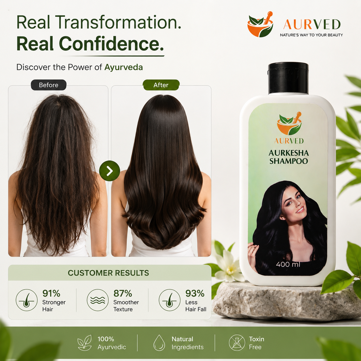 Aurkesha Ayurvedic Shampoo – Herbal Hair Cleanser for Strong, Nourished & Healthy Hair | Reduces Hair Fall | 400ml