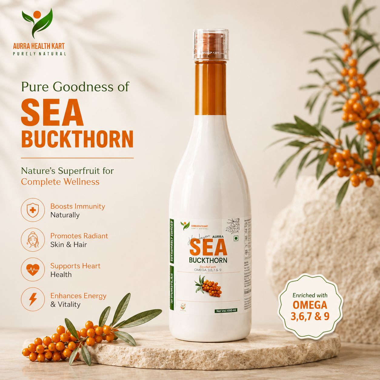 Sea Buckthorn Juice – Omega 3, 6, 7 & 9 Rich | Boosts Immunity, Glowing Skin & Heart Health | Cold Pressed, 100% Natural Ayurvedic Wellness Juice (No Added Sugar)
