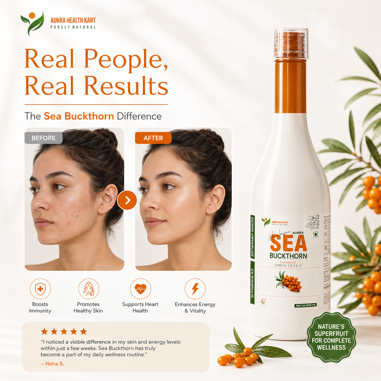 Sea Buckthorn Juice – Omega 3, 6, 7 & 9 Rich | Boosts Immunity, Glowing Skin & Heart Health | Cold Pressed, 100% Natural Ayurvedic Wellness Juice (No Added Sugar)