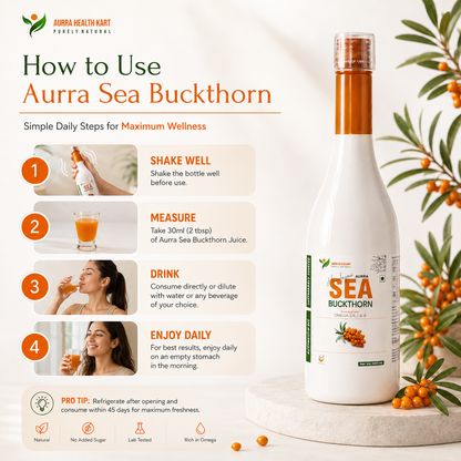 Sea Buckthorn Juice – Omega 3, 6, 7 & 9 Rich | Boosts Immunity, Glowing Skin & Heart Health | Cold Pressed, 100% Natural Ayurvedic Wellness Juice (No Added Sugar)