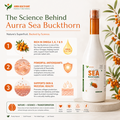 Sea Buckthorn Juice – Omega 3, 6, 7 & 9 Rich | Boosts Immunity, Glowing Skin & Heart Health | Cold Pressed, 100% Natural Ayurvedic Wellness Juice (No Added Sugar)