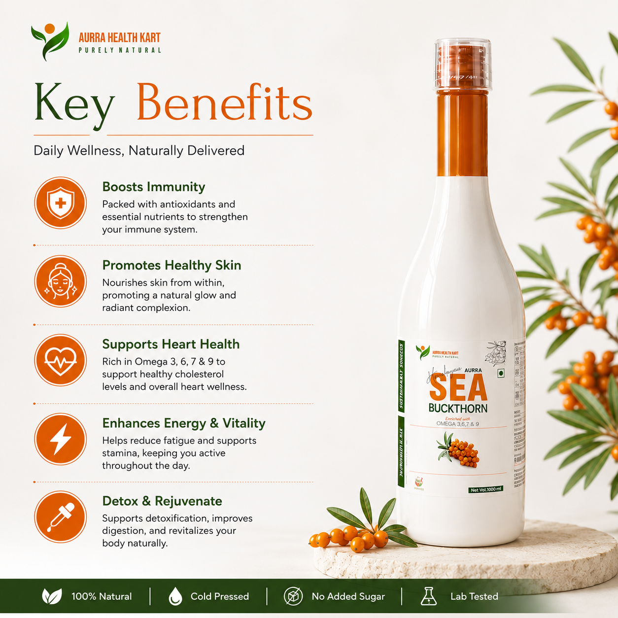 Sea Buckthorn Juice – Omega 3, 6, 7 & 9 Rich | Boosts Immunity, Glowing Skin & Heart Health | Cold Pressed, 100% Natural Ayurvedic Wellness Juice (No Added Sugar)