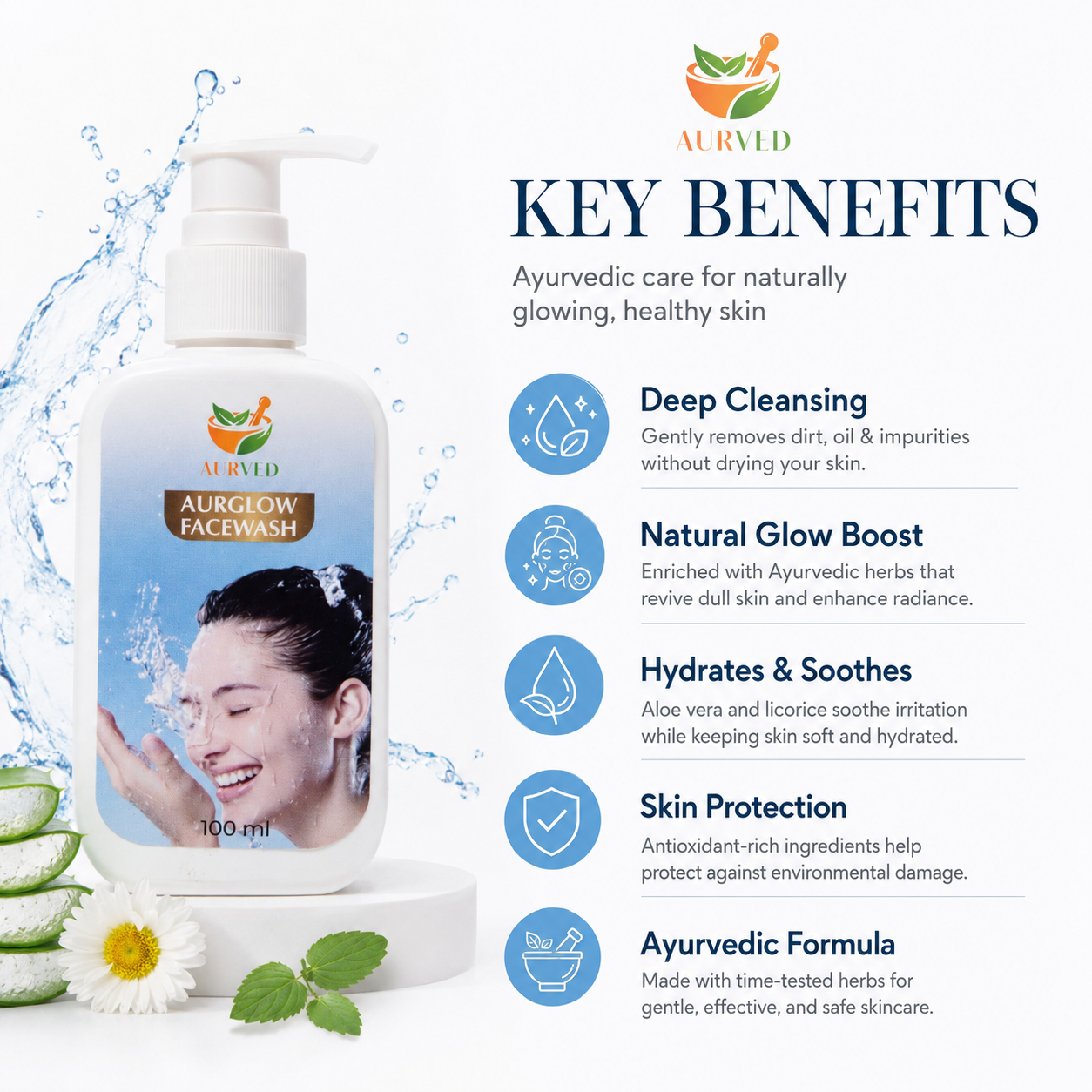 AURVED AurGlow Ayurvedic Face Wash | Deep Cleansing, Brightening & Oil Control | Natural Herbal Formula for Clear & Glowing Skin
