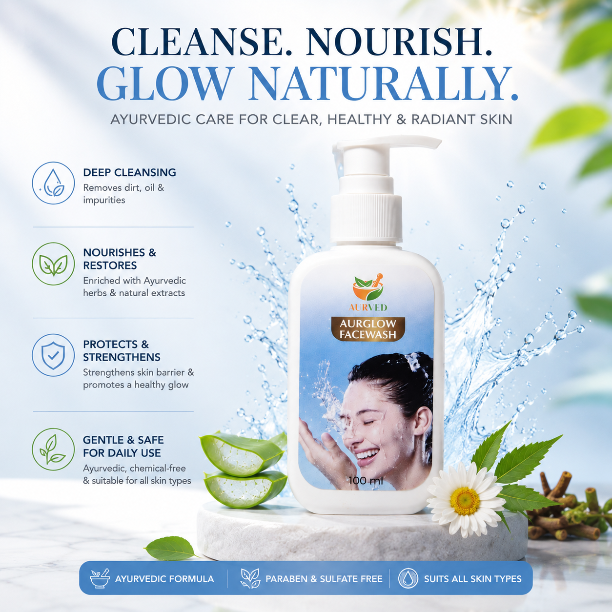 AURVED AurGlow Ayurvedic Face Wash | Deep Cleansing, Brightening & Oil Control | Natural Herbal Formula for Clear & Glowing Skin