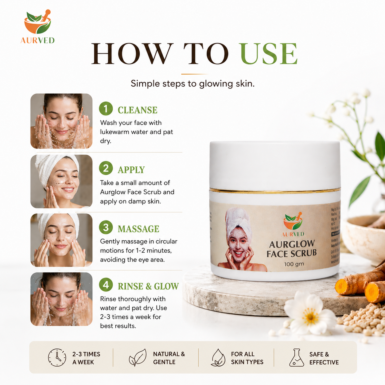 Aurved AurGlow Face Scrub – Natural Ayurvedic Exfoliating Scrub with Turmeric & Aloe Vera | Deep Cleansing, Brightening & Smooth Skin | 100g