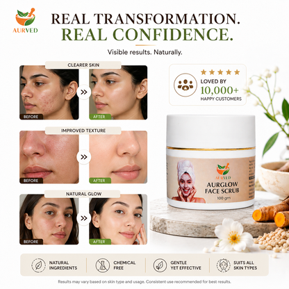 Aurved AurGlow Face Scrub – Natural Ayurvedic Exfoliating Scrub with Turmeric & Aloe Vera | Deep Cleansing, Brightening & Smooth Skin | 100g