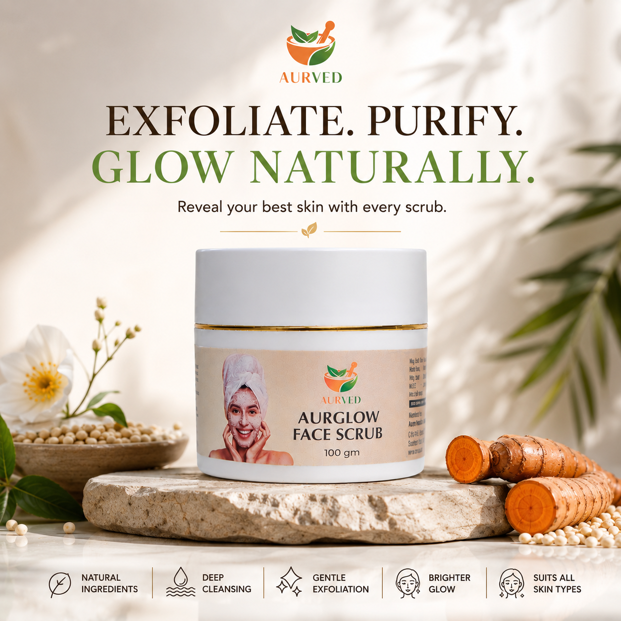 Aurved AurGlow Face Scrub – Natural Ayurvedic Exfoliating Scrub with Turmeric & Aloe Vera | Deep Cleansing, Brightening & Smooth Skin | 100g